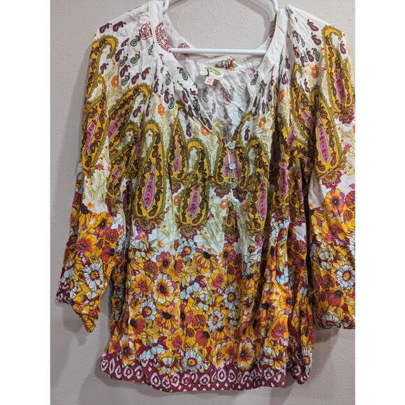 Pretty Paisley & floral printed peasant top w/ mother of pearl buttons size XL - Picture 1 of 8